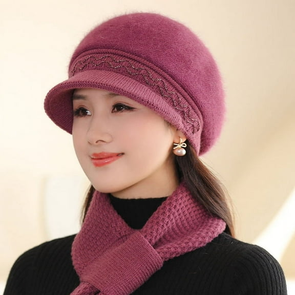SikaFu Middle -Aged And Elderly Hat Female Autumn And Winter Rabbit Hairy Knitted Hat Winter Elderly Mother Hat Old Lady Hat Muck Tongue Hat