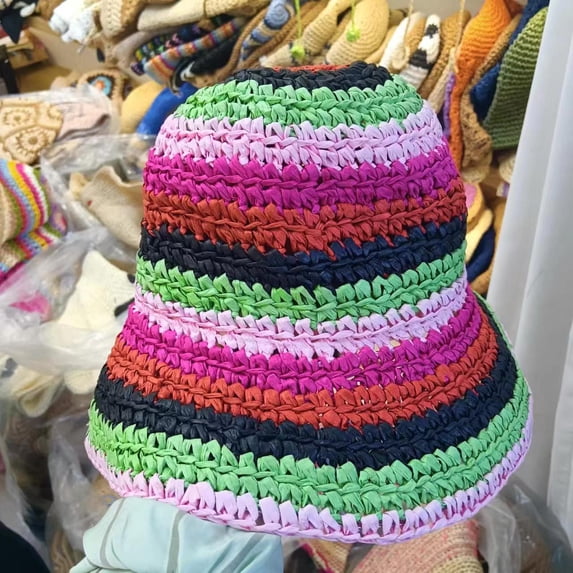 SikaFu Mint Manbo Striped Woven Large Brimmed Straw Hat For Women In Summer, Hollowed Out Seaside Vacation Beach, Sun Protection, Fisherman Hat Trend