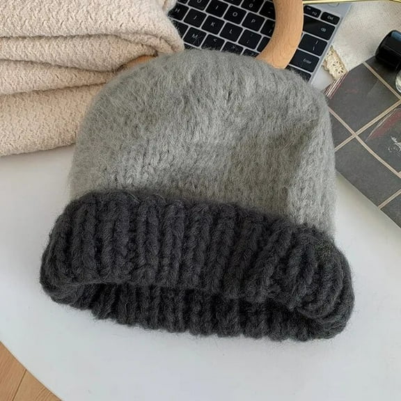 SikaFu Mohair Blend Beanies Hats Soft Warm Winter Bicolor Patchwork Skullies Hat for Women Knitted Caps Beanies Female Knit Cap Bonnet