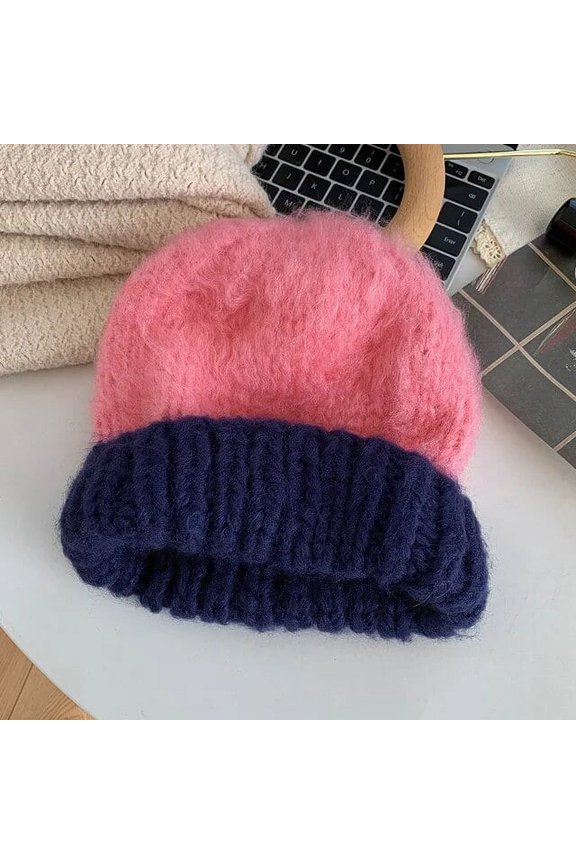 Mohair Blend Beanies Hats Soft Warm Winter Bicolor Patchwork Skullies Hat for Women Knitted Caps Beanies Female Knit Cap Bonnet
