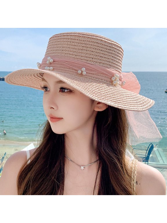 Net Red Temperament Flat Top Pearl Floating Straw Hat Female Small Fresh Sweet Sun Hat Summer Tourism Sun Hat Spot
