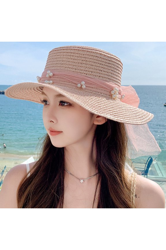 Net Red Temperament Flat Top Pearl Floating Straw Hat Female Small Fresh Sweet Sun Hat Summer Tourism Sun Hat Spot