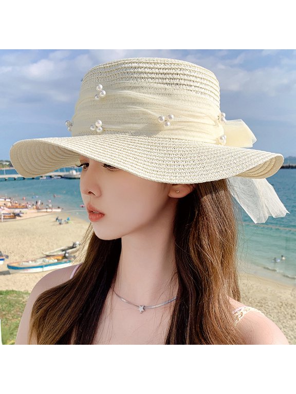Net Red Temperament Flat Top Pearl Floating Straw Hat Female Small Fresh Sweet Sun Hat Summer Tourism Sun Hat Spot