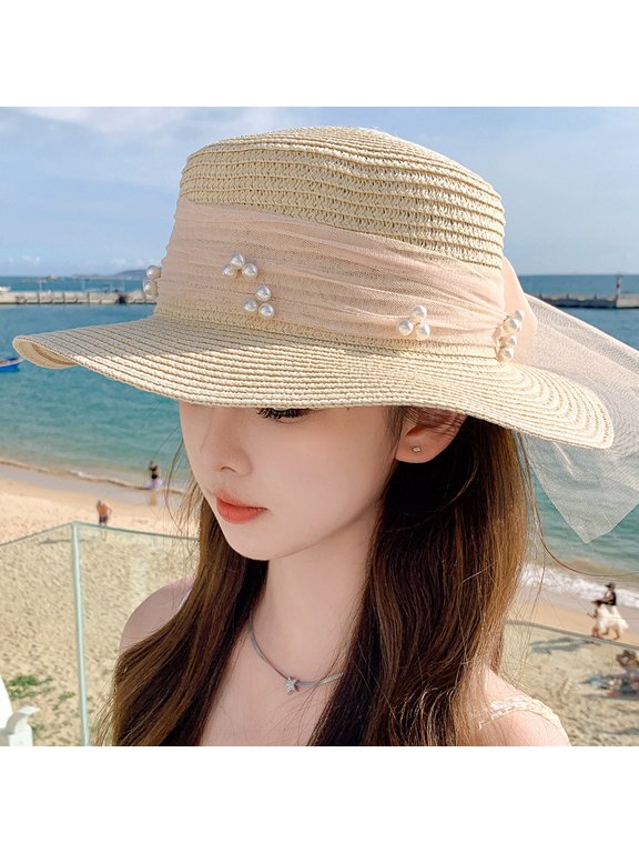Net Red Temperament Flat Top Pearl Floating Straw Hat Female Small Fresh Sweet Sun Hat Summer Tourism Sun Hat Spot