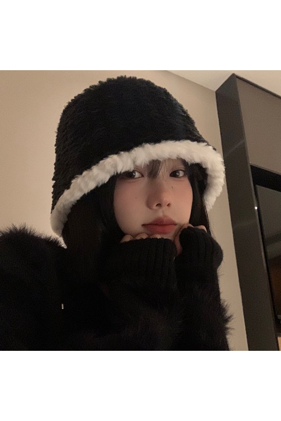 New Black Plush Bucket Hat For Women's Autumn And Winter Korean Edition Versatile Show Face Small Fisherman Hat Show Face Small Warm Hat