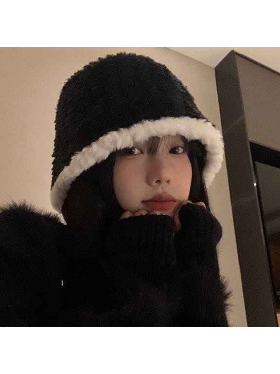 New Black Plush Bucket Hat For Women's Autumn And Winter Korean Edition Versatile Show Face Small Fisherman Hat Show Face Small Warm Hat