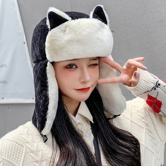 SikaFu New Cute Ears Women Winter Hat Ladies Thick Warm Russian Hat Female Fleece Snow Ski Trapper Earflap Cap Women Bomber Hat