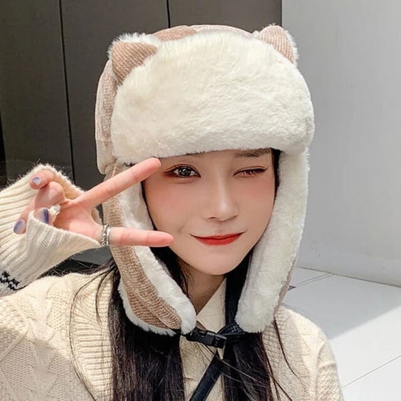 SikaFu New Cute Ears Women Winter Hat Ladies Thick Warm Russian Hat Female Fleece Snow Ski Trapper Earflap Cap Women Bomber Hat