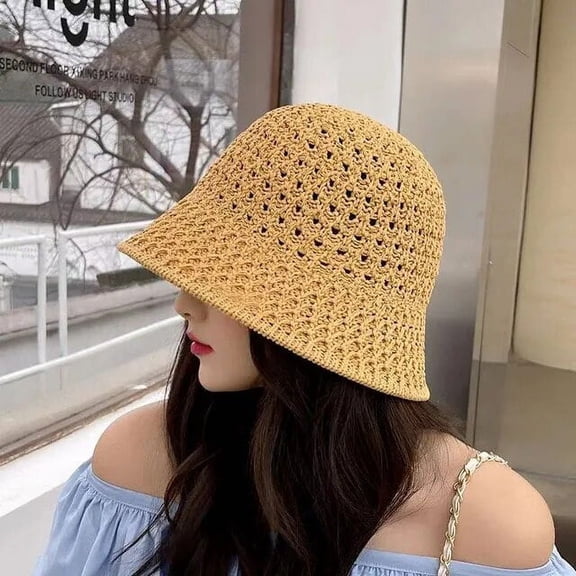 SikaFu New Handmade Top Summer Hats for Women Hollow Out Knit Dome Bucket Hat Wide Brim Foldable Beach Caps Chapeu Panama Feminino 모자