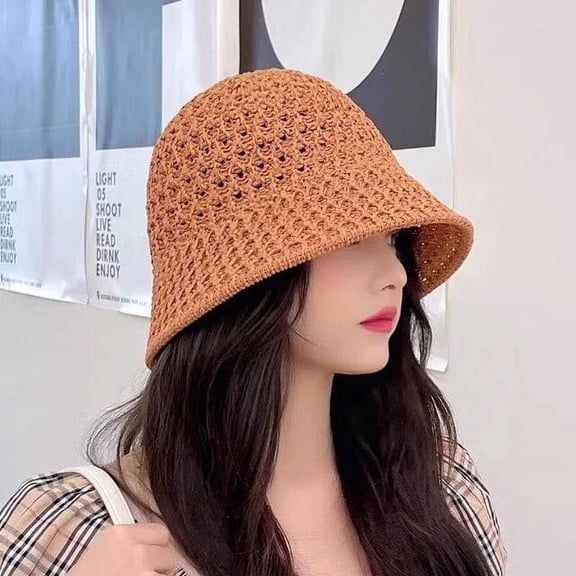 SikaFu New Handmade Top Summer Hats for Women Hollow Out Knit Dome Bucket Hat Wide Brim Foldable Beach Caps Chapeu Panama Feminino 모자