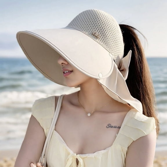 SikaFu New Hat For Women With Large Eaves, UV Protection, Face Protection, Sun Protection, Sun Shading, Empty Top Hat, Bow Tie, Neck Protection, Shawl Hat