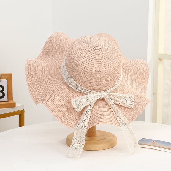 SikaFu New Lace Ribbon Straw Hat Lady Fashion Temperament Bow Hats Simple Seaside Lace Sun Hat