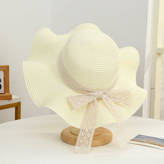SikaFu New Lace Ribbon Straw Hat Lady Fashion Temperament Bow Hats Simple Seaside Lace Sun Hat