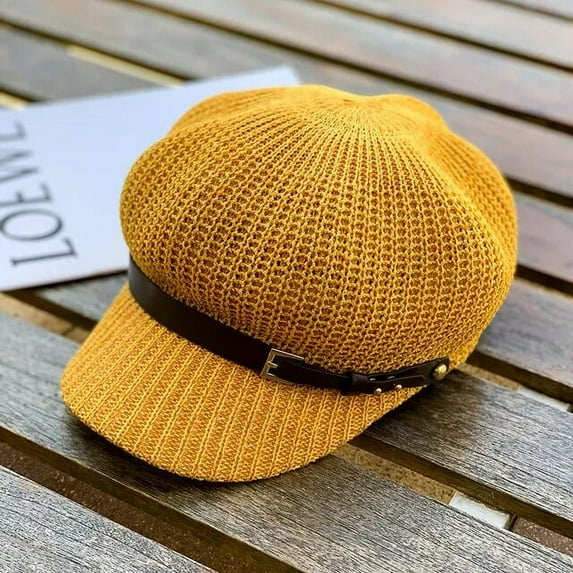 SikaFu New Mesh Breathable Beach straw hat Octagonal Cap Straw Women Summer Thin Newsboy Cap Painter Adjustable Rope Knitted Beret