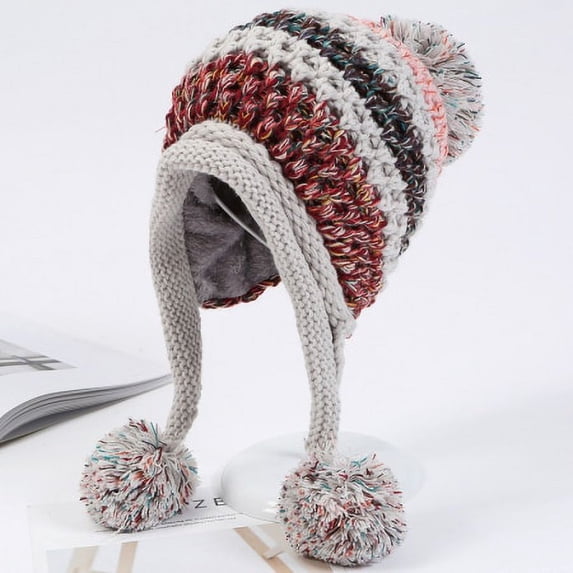 SikaFu New Winter Knitted Hats Women Patchwork Pompon Balls Earflap Caps Ladies Warm Thick Winter Beanies Female Beanie Hat