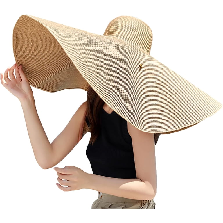 VERY LARGE BEACH STRAW Elegant Tan Wide-Brim Hat Women Straw Hat Wide Brim Beach Sun Cap Foldable Large Lady  main image 2