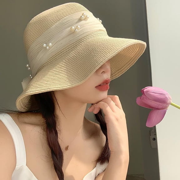 SikaFu Pearl Bow Straw Hat Female Summer Lace Big Mogen Garlet Sunshine Solding Hat Cao Cao Defense UV Sun Hat
