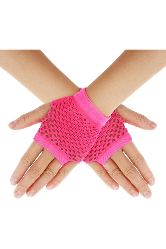 Pink Short Fingerless Fishnet Gloves for Women Kids 90s Party Neon Fingerless Gloves Rose Red Rocker Clothes Fashion Net Mesh Gloves for 80s Masquerade Halloween Cosplay Role Play Supplies