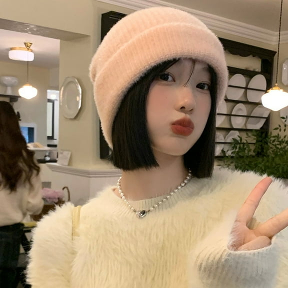 SikaFu Plush Knitted Hat Female Autumn And Winter Pink Korean Version Warm Wild Wool Hat Japanese Big Head Circumference Small Face