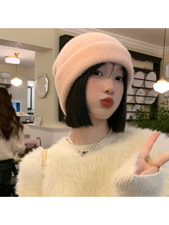 Plush Knitted Hat Female Autumn And Winter Pink Korean Version Warm Wild Wool Hat Japanese Big Head Circumference Small Face