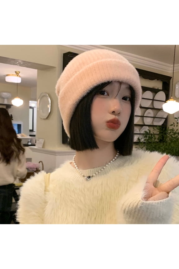 Plush Knitted Hat Female Autumn And Winter Pink Korean Version Warm Wild Wool Hat Japanese Big Head Circumference Small Face