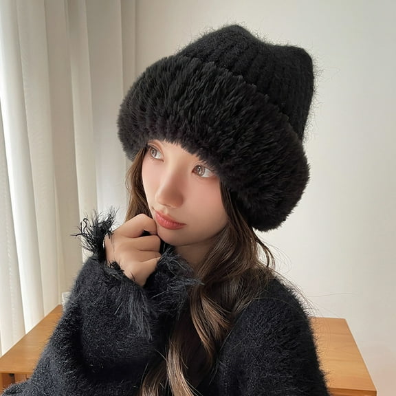 SikaFu Plush And Plush Hats For Children. Winter Is Sweet And Cute, Keeping Warm. Ear Protectors Are Worn On The Head Cap, With A Large Head That Shows Off The Face And A Small Knitted Hat