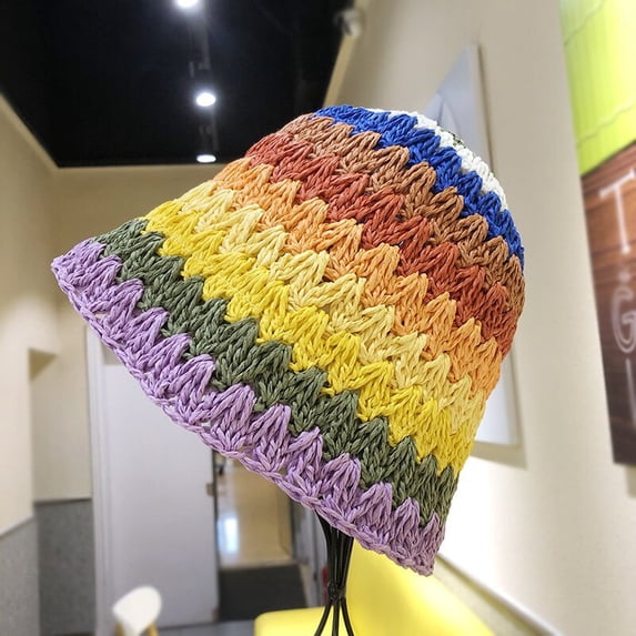 SikaFu Rainbow Straw Hat Women's Summer Outage Sunscreen Beach Fisherman's Hat Straw Weaving Stripe Covering Basin Hat