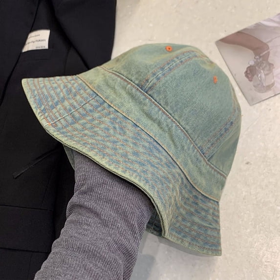SikaFu Retro -Old Denim Fisherman Hat Female Summer Thin Sunscreen Basin Wild Covered Face Bucket Hat Shows Small Face