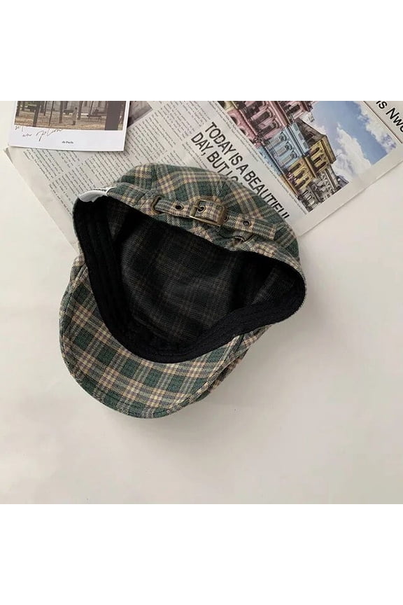 Retro Plaid Forward Hat Women Spring and Autumn Versatile Reverse Beret Big Head Circumference Men's Trendy Newsboy Cap