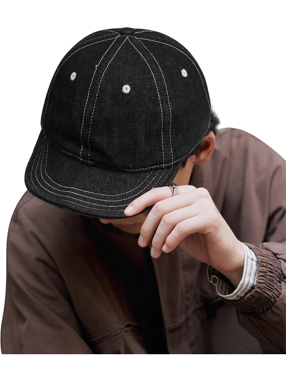 Short Brim Baseball Hat Denim Cotton Trucker Cap Low Profile Dad Hat with Flip Bill Casual Hip Hop Snapback Cap