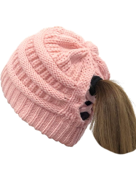Soft Stretch Cable Knit Hat Ponytail Beanie Hat for Women Messy Bun Beanie Tail Slouchy Warm Hat