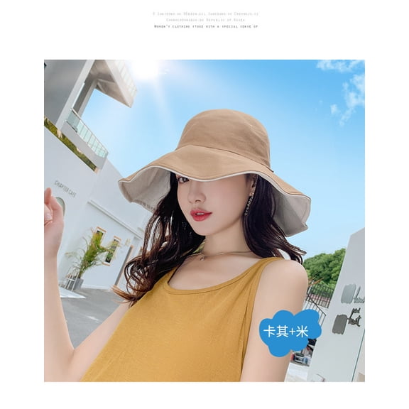 SikaFu Solid Color Double -Sided Sun Hat Female Summer New Sunscreen Hat Pure Cotton Large Eaves Simple Wild Classic Fisherman Hat Tide