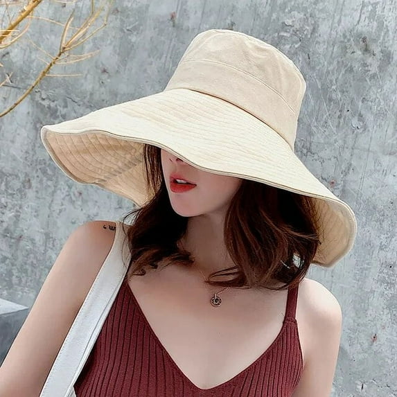 SikaFu South Korea Big Brim Hat Women Spring and Summer Foldable Travel Sun Hat Sun Hat Solid Color Casual Fisherman Bucket Hat 버킷햇