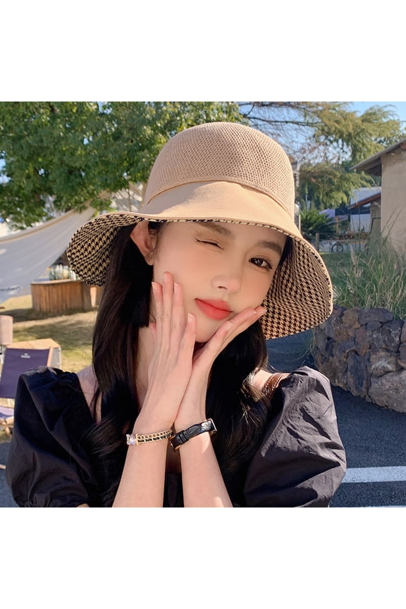Spring And Summer Fisherman Hat Female Grid Stitching Large Eaves Can Fold The Shade Hat, Show Face, Small Sun Hat Cloth Hat