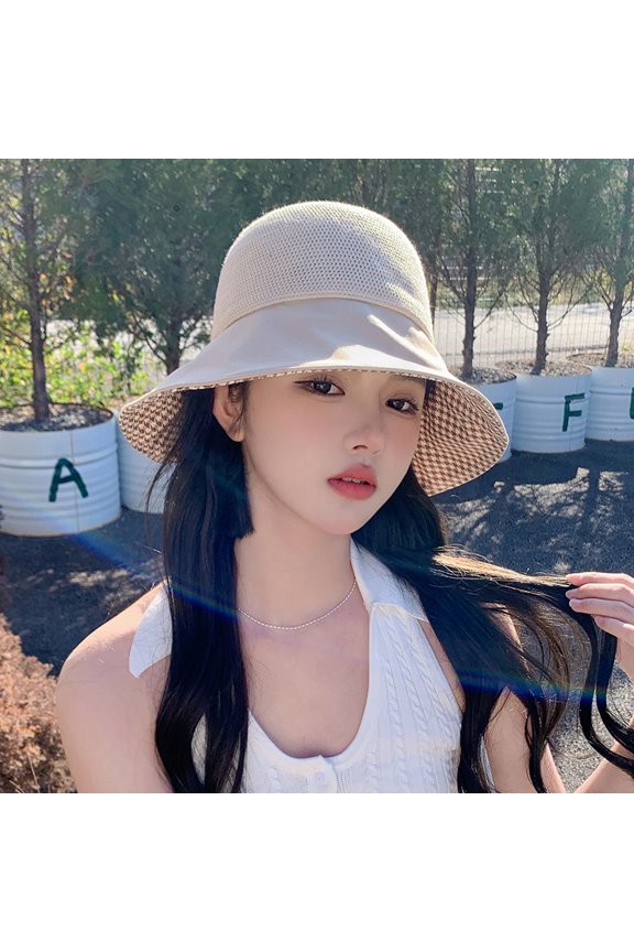 Spring And Summer Fisherman Hat Female Grid Stitching Large Eaves Can Fold The Shade Hat, Show Face, Small Sun Hat Cloth Hat