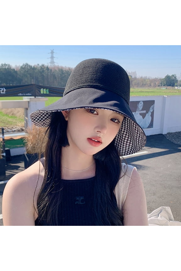 Spring And Summer Fisherman Hat Female Grid Stitching Large Eaves Can Fold The Shade Hat, Show Face, Small Sun Hat Cloth Hat