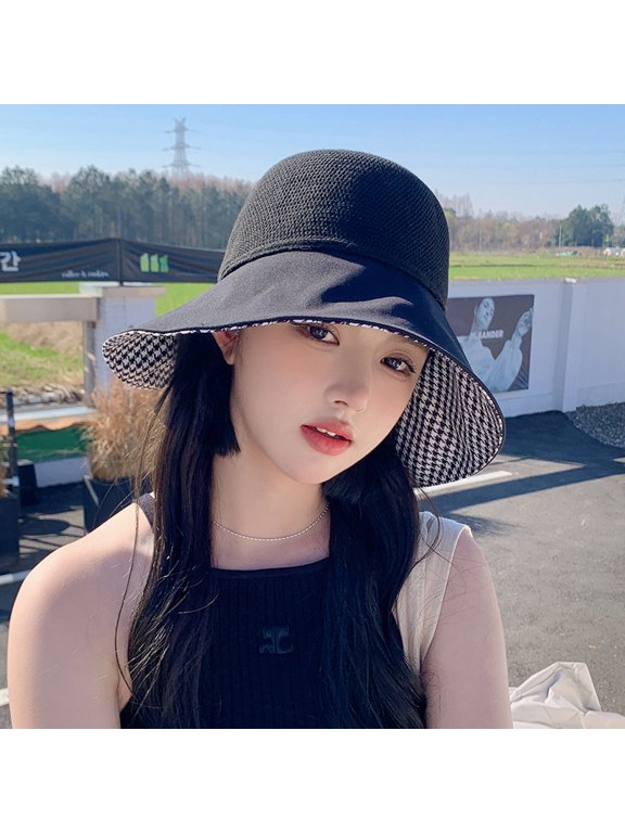 Spring And Summer Fisherman Hat Female Grid Stitching Large Eaves Can Fold The Shade Hat, Show Face, Small Sun Hat Cloth Hat