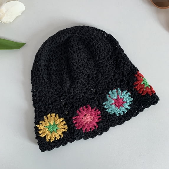 SikaFu Spring And Summer New Literary Colored Flower Hollow Hat Women Sweet Fashion National Wind Knitting Baotou Hat