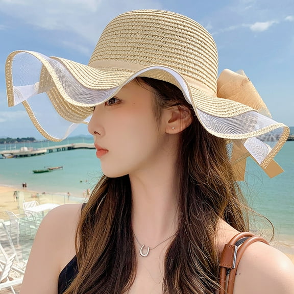 SikaFu Spring And Summer Straw Hat Woven Big Hat Shading Hat Female Fashion, Simple Wave Lace Beach Sun Hat