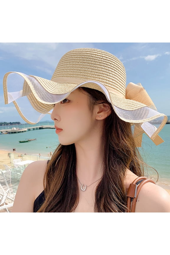 Spring And Summer Straw Hat Woven Big Hat Shading Hat Female Fashion, Simple Wave Lace Beach Sun Hat