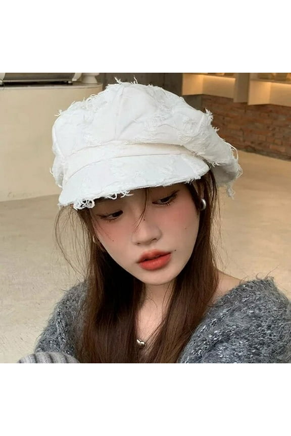Spring and Autumn Retro Raw Edge Fringed Beret Octagonal Hat Big Head Solid Color Fashion Newsboy Hat for Women