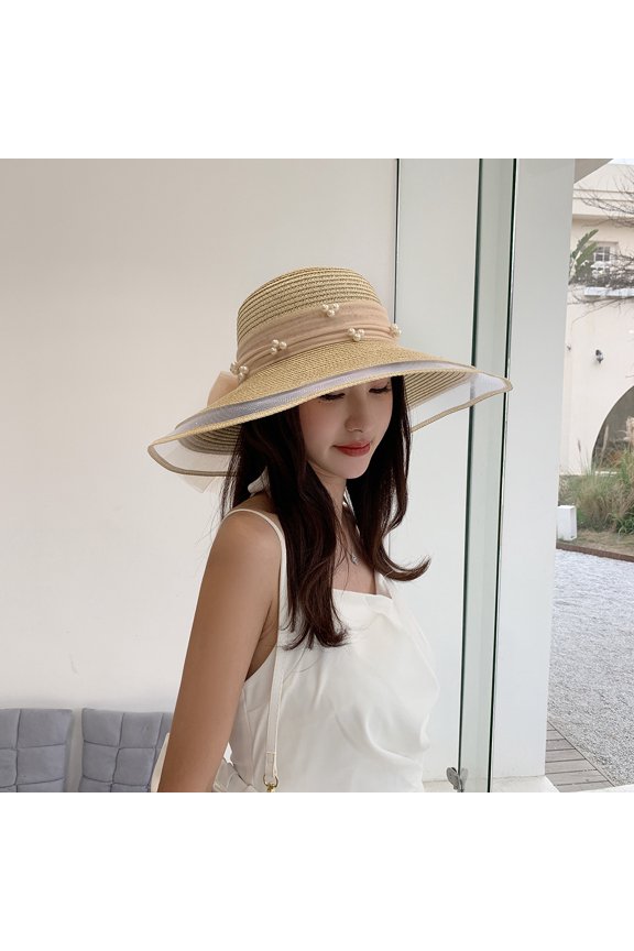 Straw Hat Female Summer Online Pearl Sun Hats Bowl Bows Drifting Ribbon Big Coat Version Of Tour Beach Sun Hat