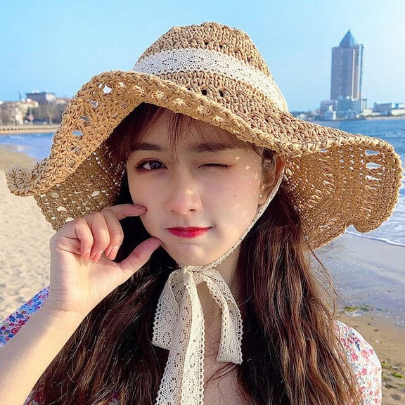 SikaFu Straw Hat Large Wide Brim Beach Hat Women Lace Band Packable Summer Sun Hat Ladies Crochet Panama Bucket Hat Floppy Cap