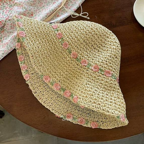 SikaFu Straw Hat Pastoral Wind Summer Weaving Girl New Seaside Resort Small Flower Sun Straw Hats Can Be Folded