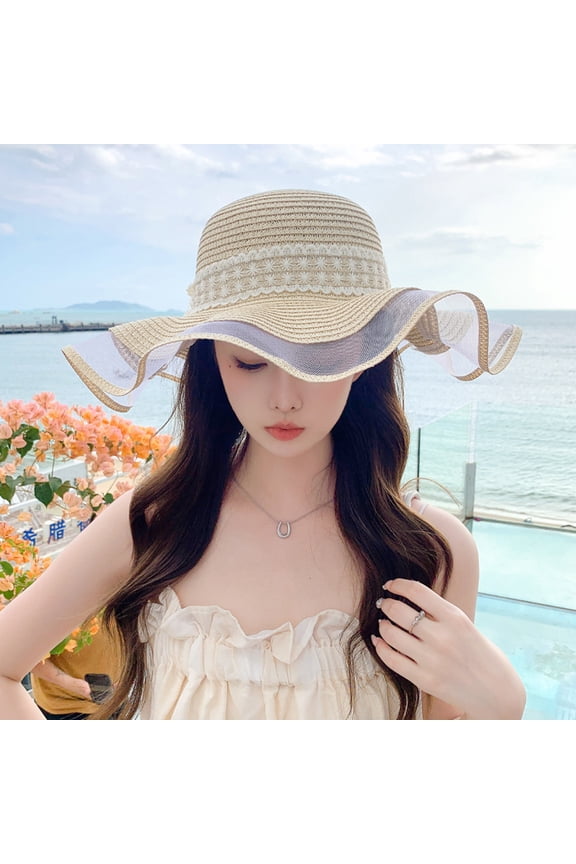 Straw Hat Summer New Hat Female Lace Bow Beach, Beach, Sea Tourism Sunscreen Sun Hat Big Along The Sun Hat