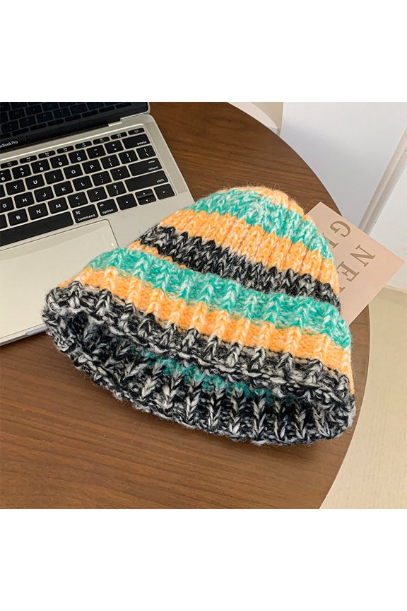Striped Coarse Wool Hat Female Autumn And Winter Korean Version Of The Face Face Warm -Warm Ear Hat