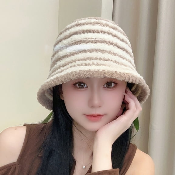 SikaFu Striped Knitted Woolen Hat For Women In Autumn And Winter, Korean Version, Versatile Design, Showcasing Face, Small Fisherman Hat For Travel, Minimalist Bucket Hat
