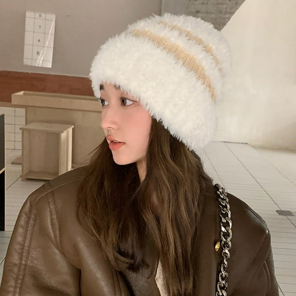 SikaFu Striped Plush Knitted Hat For Women In Autumn And Winter, Korean Version Versatile Cold Hat, Thickened Warm Ear Protection, And Small Woolen Hat That Shows Face