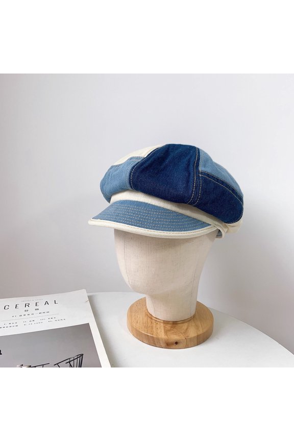 Style Artistic Retro Denim Patchwork With Contrasting Octagonal Hats, Female Spring And Autumn Street Couples, Casual Painter Hats, Male Trend