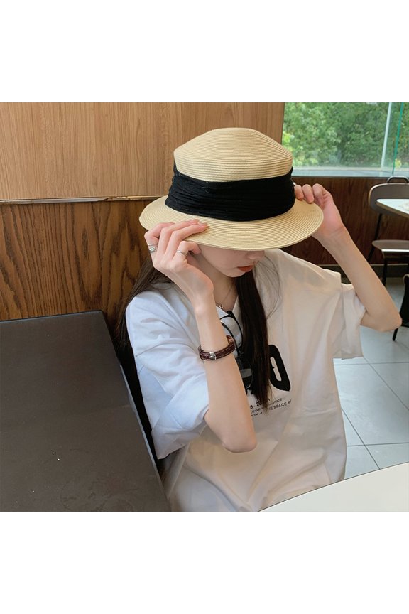 Summer Battle Hat ~ Concave Shape Elegant Temperament Webbing Detailed Flat -Top Straw Hat Female Summer Traveling